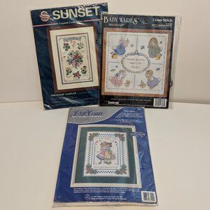 Vintage Bundle of 3 Counted Cross Stitch Kits--J&P Coats, Sunset, and Janlynn